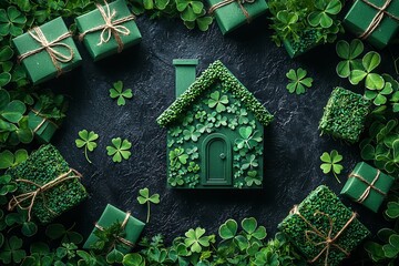 Naklejka premium Home symbol encircled by gifts, four-leaf clover, and stars on a black backdrop. Copy area. St. Patrick's Day theme