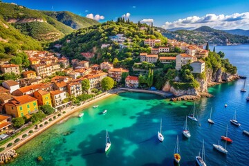 Fototapeta premium Aerial View of Bouyon Village, French Riviera Coastline, Azure Waters, Sunny Day