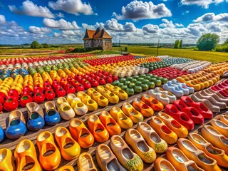Fototapeta premium Aerial View of Colorful Wooden Clogs Drying in the Sun, Dutch Tradition