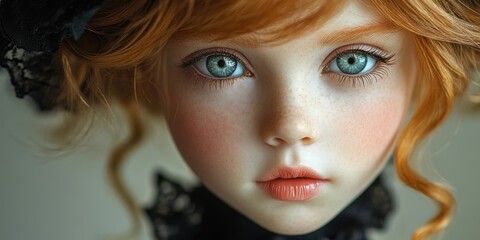 Obraz premium A detailed close-up portrait of a young person with expressive blue eyes and auburn hair, showcasing delicate features and a captivating gaze in a whimsical setting