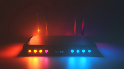 Network router with glowing lights in low light. Willowlight. Illustration
