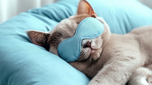 A relaxed British Shorthair cat stretches its paws while sleeping comfortably under a white blanket, wearing a blue sleep mask - Powered by Adobe
