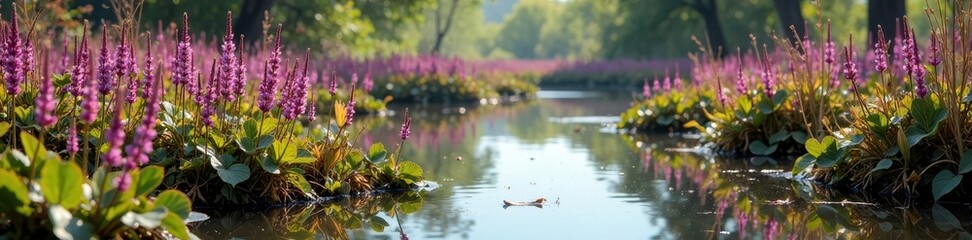 Purple Loosestrife covered wetland with dead plants and algae , environmental degradation, invasive species, nature decay