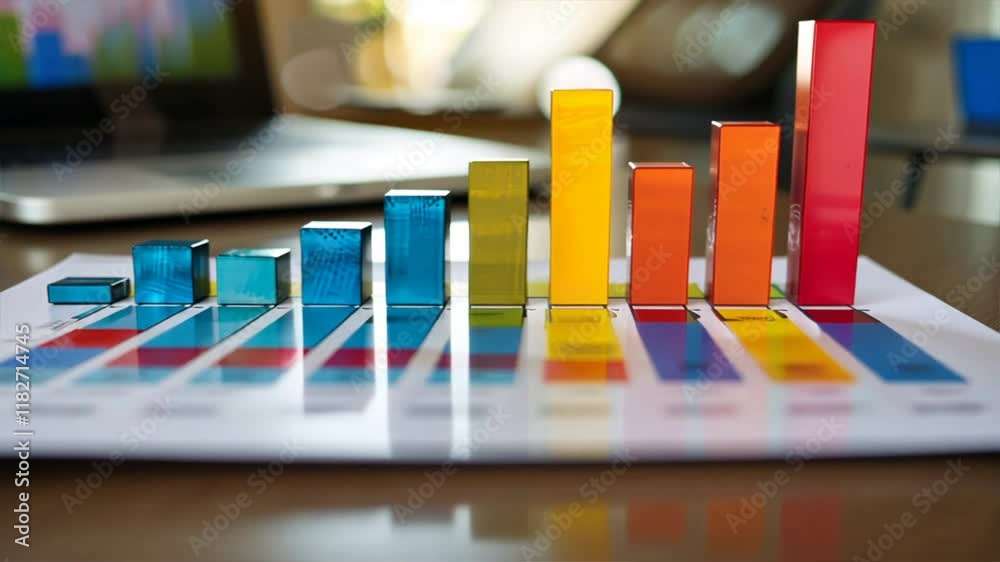 Aufkleber Colorful bar graph showcasing data analysis and business performance on laptop in office, highlighting financial growth and statistics for effective business reporting.