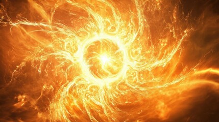 Vibrant swirling flames emerge from a radiant sun symbolizing energy and transformation seen against a dark background