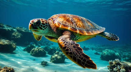 Fototapeta premium A happy sea turtle searching for food 