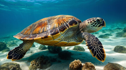 A happy sea turtle searching for food 