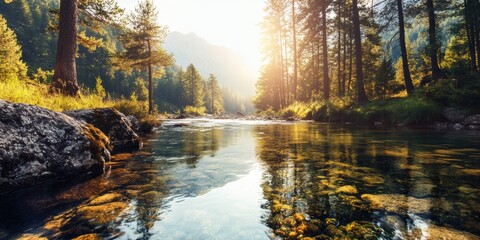 Naklejka premium Tranquil River Flowing Through Rocky Landscape Surrounded by Lush Green Trees and Boulders Creating a Peaceful Natural Scene in Untouched Wilderness