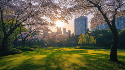 Obraz premium A Tranquil Green Space in the Heart of Tokyo, with Wide Walking Trails, Meticulously Maintained Lawns, and Rays of Sunlight Breaking Through Sakura Trees, Framed by Sleek, Modern City Architecture