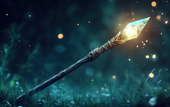 A magic weapon staff with a floating crystal at its tip, radiating an ethereal glow on a dark background.