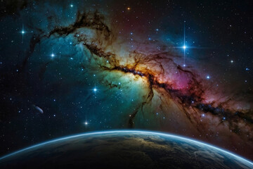 a black vacuum full of stars and colourful planets