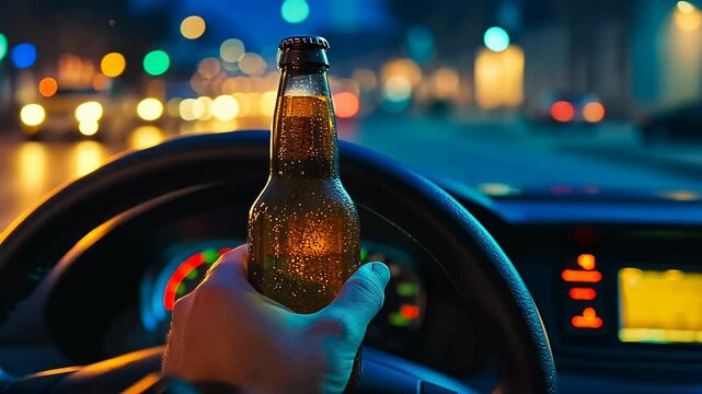 An adult man's hand holding a beer bottle while driving in a car at nighttime, illustrating the risky behavior of drinking alcohol behind the wheel.