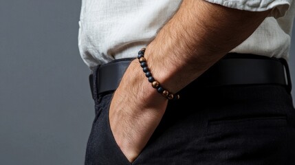 Man's hand wearing a black and bronze beaded bracelet, partially tucked into the pocket of black trousers, with a white linen shirt against a gray background