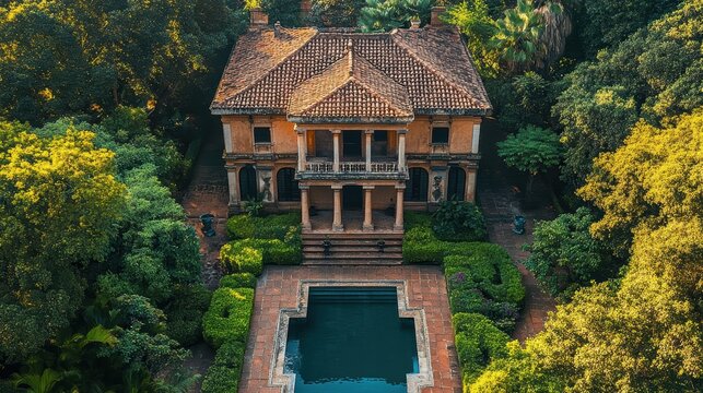 Colonial-era mansion nestled amidst lush greenery with a serene symmetrical garden and central pool, capturing the timeless elegance and architectural sophistication of historic homes