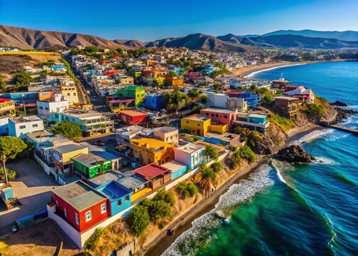 Aerial View of Puerto Nuevo, Ensenada, Baja California, Mexico: Charming Coastal Village with Pacific Ocean and Lush Vegetation