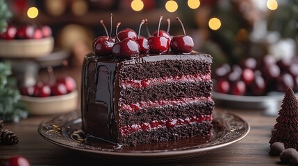 delicious chocolate cherry cake on plates, closeup food photography