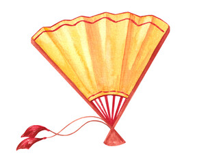 Watercolor illustration of yellow paper fan. Hand-drawn design for Chinese New Year. Spring Festival symbols isolated on white background