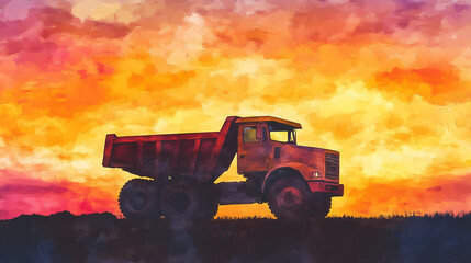 Dump truck silhouetted against a vibrant sunset, striking sky, watercolor style. Willowlight. Illustration