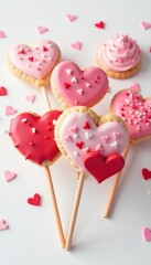 Colorful Valentine's day cookie pops with pink and red frosting on a white background, pop, red, colorful