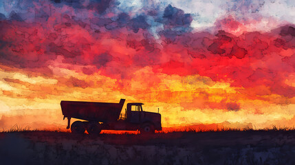 Fototapeta premium Dump truck silhouetted against a vibrant sunset, striking sky, watercolor style. Willowlight. Illustration