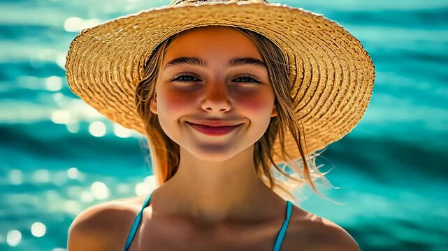 A young Caucasian girl wearing a wide-brimmed sunhat smiles brightly, captured near a blue body of water. It's daylight and her happy mood is evident, exemplifying a joyful summer day.