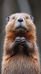 Fototapeta premium Adorable Beaver Stands Upright with Paws Raised in a Charming Forest Environment Captured with Detailed Fur Texture and Expression of Innocent Curiosity on Its Face