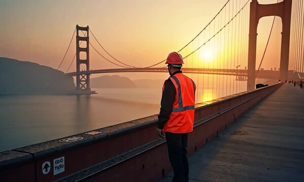 A construction worker conducting an inspection on a bridge, ensuring safety and structural integrity in a professional setting