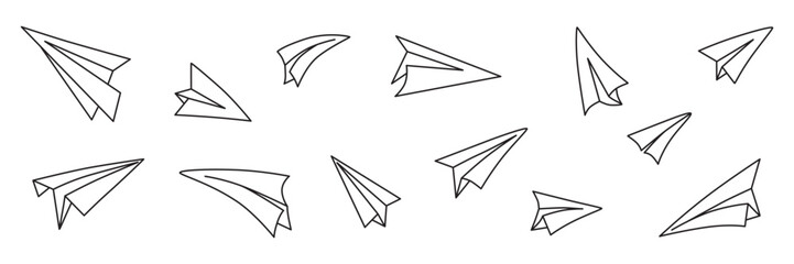 Hand drawing paper airplanes set. Vector stock illustration isolated on white chalkboard background for design template business or education presentation, information banner. Editable stroke line.