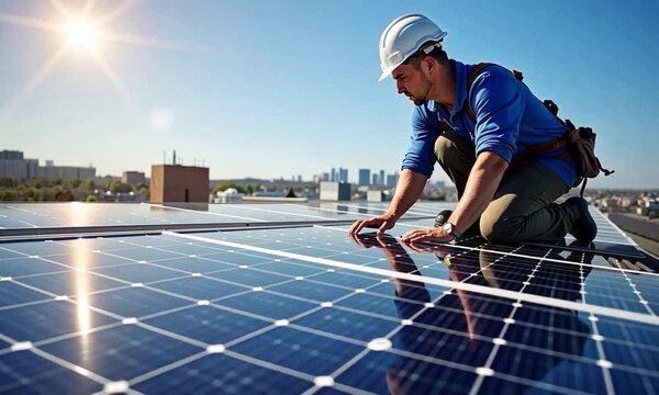 A construction worker installing a solar panel, demonstrating renewable energy innovation and environmental responsibility