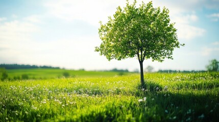 Fototapeta premium Lush green tree standing alone in a vibrant field under a clear blue sky during a sunny day