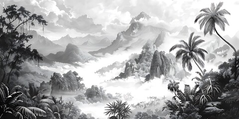 "Vintage Landscape Wallpaper Featuring Intricate Drawings of Jungle, Mountains, and Wildlife in a Serene Nature Scene"

