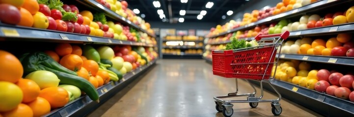 Fruit and vegetable shelves with empty red shopping cart in the background, interior, empty, grocery