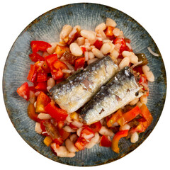 Delicious fresh salad with sardines, beans and pim tom served on plate. Isolated over white background