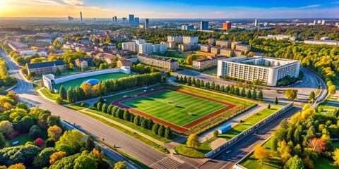 Fototapeta premium Aerial Warsaw High School & Stadium Drone Photo - Poland