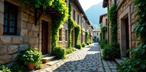 Fototapeta premium Cobblestone street lined with old stone buildings and overgrown vegetation, overgrown, street
