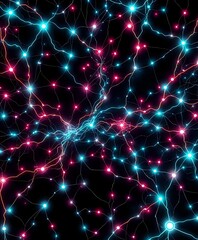 Obraz premium Neural Network Nebula - Bioluminescent Brainwaves in Black & Neon