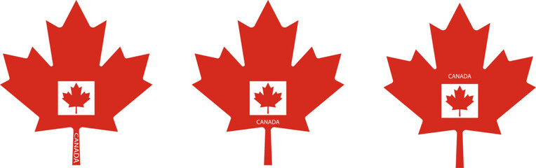 Set on flags in maple leaf of the Canada. Map of Canada. Borders of the Canada.