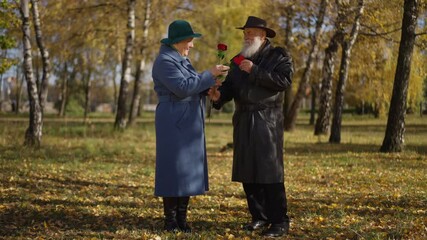 A touching scene of an elderly couple standing in a serene autumn park. The man hands a single red rose to the woman, who smiles warmly while holding a heart-shaped object. This romantic gesture - Powered by Adobe