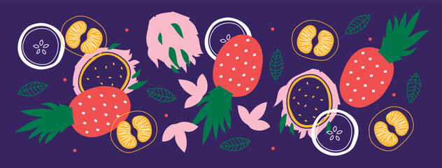 Appetizing fruit and berries collection. Decorative abstract horizontal banner with colorful doodles. Hand-drawn modern illustrations with fruit and berries, abstract elements. Abstract series	
