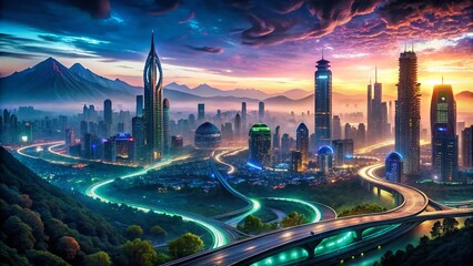 Alien Cityscape: Glowing Highways & Vast Skyscrapers - Sci-Fi Stock Photo