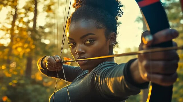 A young African-American woman focuses intently as she aims a bow in a forest bathed in golden sunlight. She is dressed in sporty attire, suggesting athleticism and precision in her archery practice.