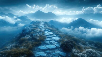 Serene mountain path through misty landscape.