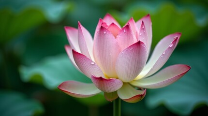 A close-up view of a lotus flower, focusing on the intricate details of its petals and the soft texture of the water droplets resting on them. The image captures the essence of this beautiful flower