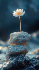 A Delicate White Flower Blooming Gracefully Amidst Stacked Stones in a Tranquil Environment Surrounded by Soft Blue Hue Light at Sunset