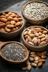 Obraz premium Explore the nutritious benefits of almonds, chia seeds, and sunflower seeds in a vibrant assortment of energy-boosting foods in rustic bowls