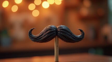 A photorealistic image of a fake mustache attached to a stick, set against a festive backdrop. The lighting highlights the details of the mustache