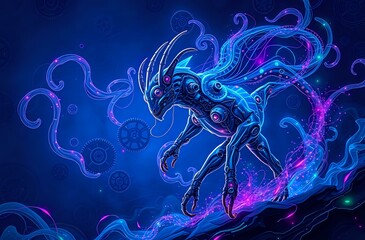 Biomechanical Cyborg Robot in Neon Futuristic Landscape