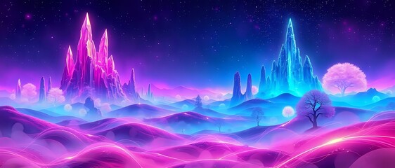 Fototapeta premium Surreal Neon Mystic Landscape with Crystal Formations