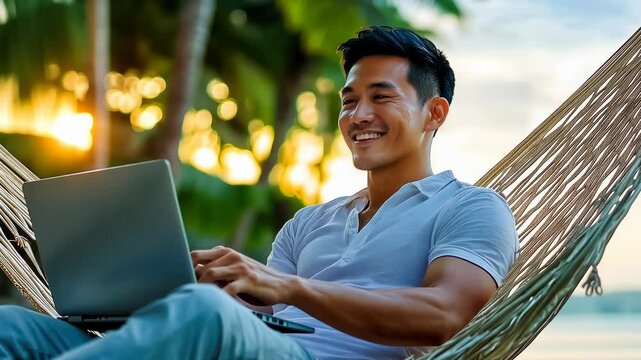 Asian man, young, works on his laptop in a hammock, evoking themes of remote work flexibility and digital nomad lifestyle. Sunny, relaxed setting with casual summer clothing.