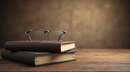 A photorealistic image of a stack of books with a pair of stylish glasses on top, set against a...